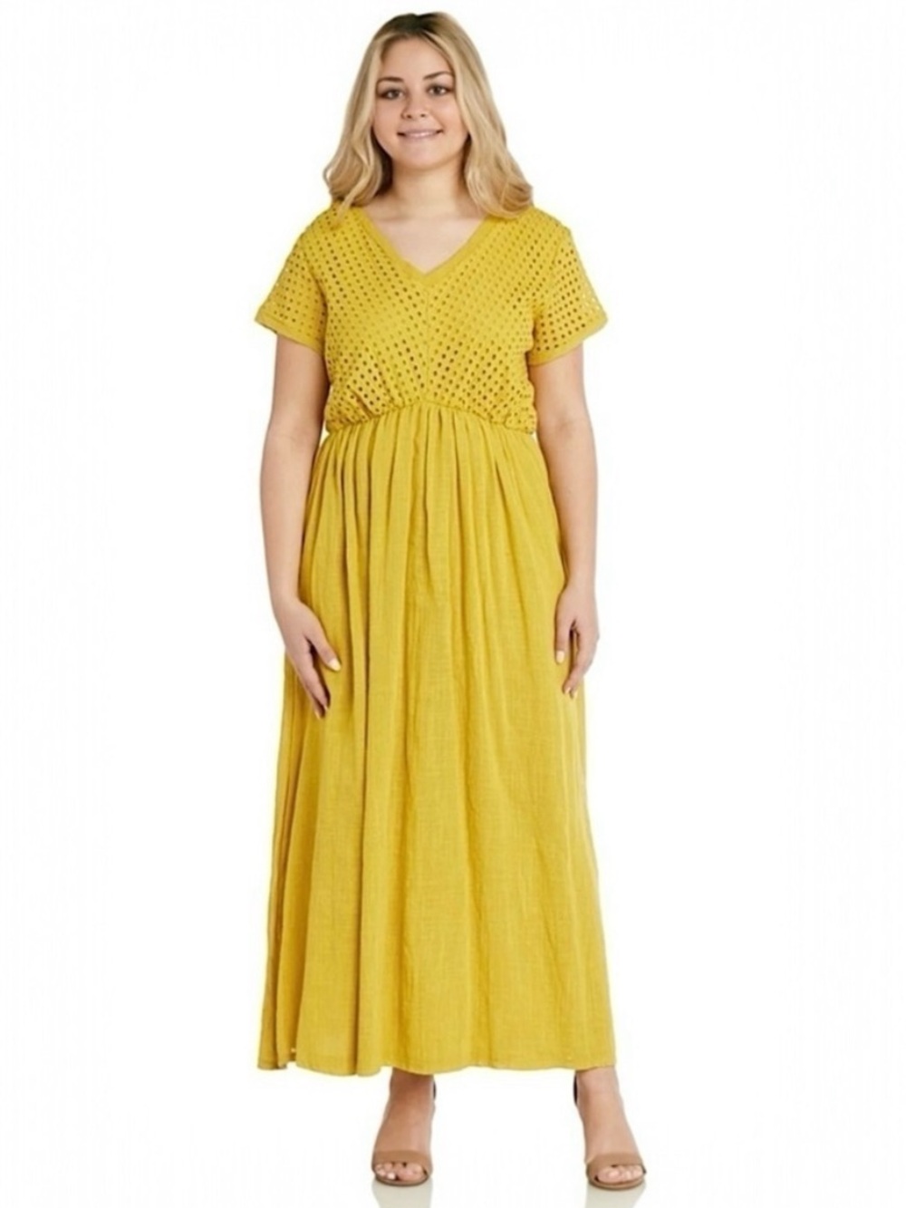 Kaktus Boho Eyelet V-Neck Maxi Dress in Yellow | Size Large